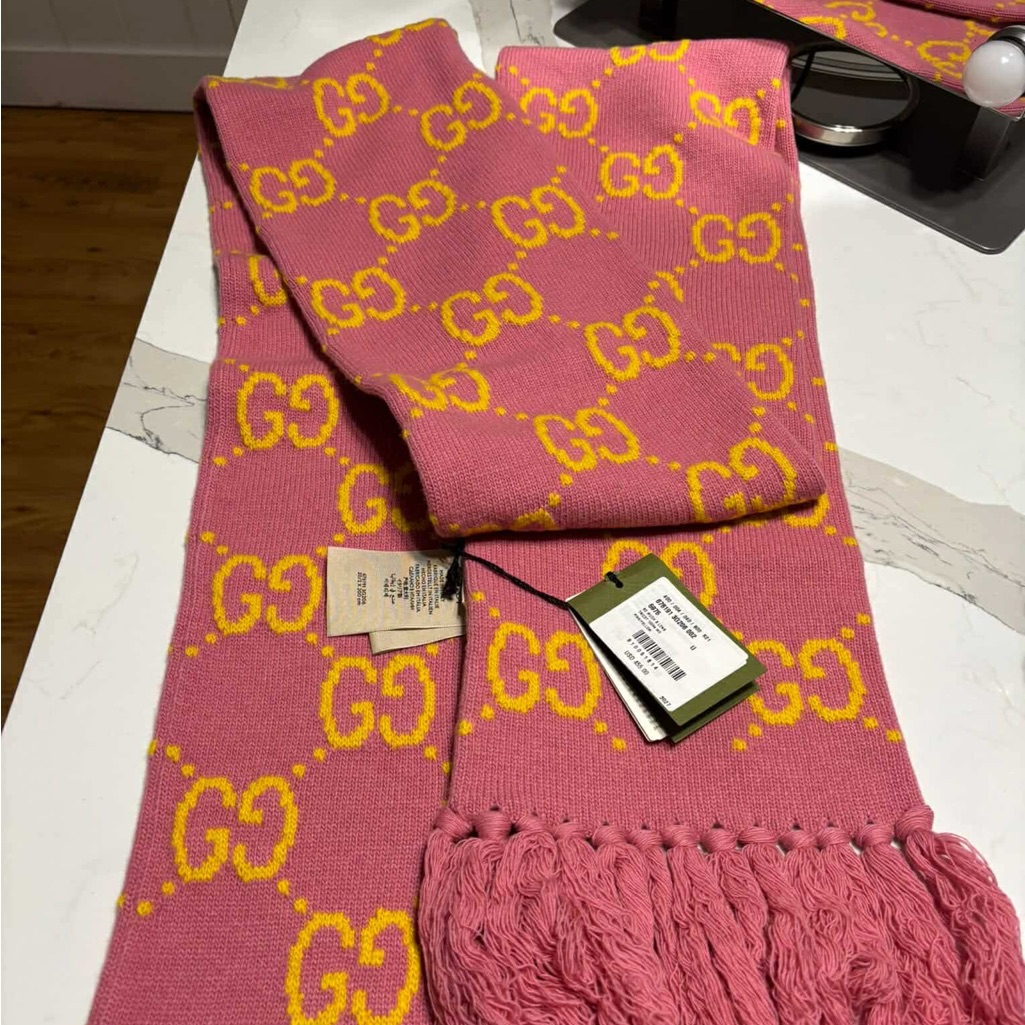 Gucci Vibrant Pink And Yellow Logo Scarf